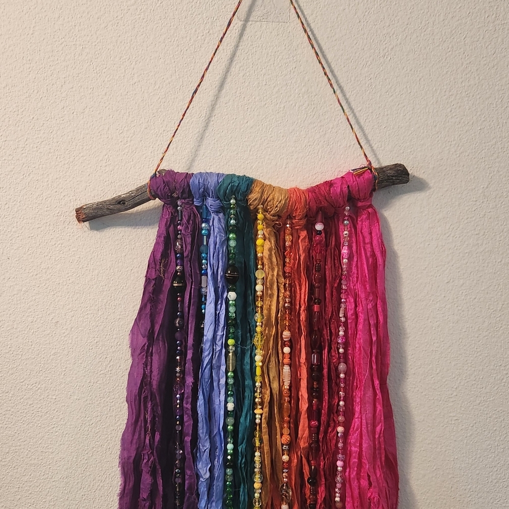 Boho Sari Silk Ribbon and Glass Bead Wall Hanging